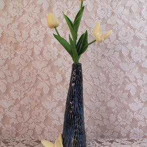 Tall Artisan Made Pottery Vase. Textured Blue Glaze.