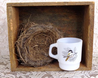 Vintage Anchor Hocking Fire King Milk Glass Mug. Blue Jay/Chickadee.