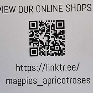 K&ouml;nnte beinhalten: Ein schwarz-wei&szlig;er QR-Code mit dem Text "VIEW OUR ONLINE SHOPS" dar&uuml;ber und dem Text "https://linktr.ee/magpies_apricotroses" darunter.