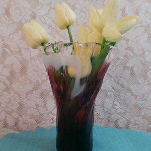 Purple Handblown Art Glass Ruffle Rim Vase.