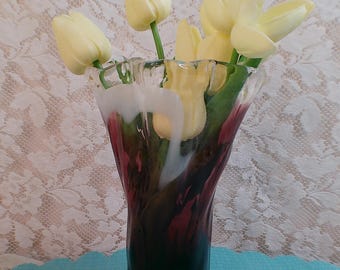 Purple Handblown Art Glass Ruffle Rim Vase.