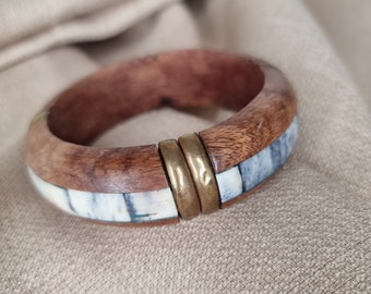 Wood, shell & brass chunky bangle.