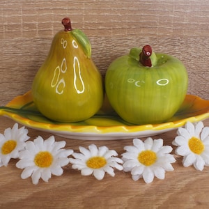 Fun Retro Ceramic Apple And Pear Salt & Pepper Shaker Set