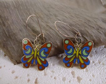 Vintage Cloisonne Enamel Butterfly Earrings.