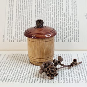 May include: A small wooden box with a lid, made of light brown and dark brown wood. The box is sitting on a book with text. The lid has a small, dark brown knob on top.
