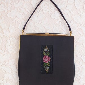 Vintage Black Floral Petit Point Embroidered Handbag. Evening Bag.