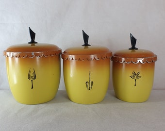 Set of 3 vintage  tin canisters by Franklin. Orange & Yellow.