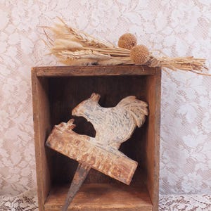 Puede incluir: Una estaca de jardín de metal vintage en forma de ardilla con un acabado rústico y desgastado. La estaca está pintada en tonos azules y blancos y presenta una ardilla posada en un letrero. La estaca se muestra en una caja de madera.