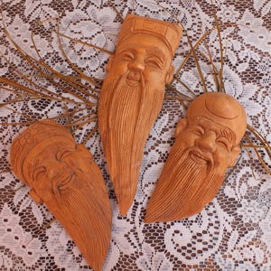 Set Of 3  Hand Carved Wooden Oriental Face Wall Plaques. Asian.