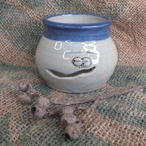 Puede incluir: Una maceta de cerámica hecha a mano con un diseño de cara caprichosa. La maceta es de color azul claro con un borde azul oscuro y una boca tallada. Una ramita de vainas de semillas secas descansa frente a la maceta.