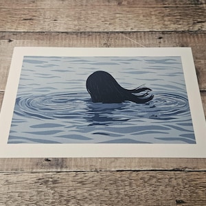 Blue Mind - Archival quality giclée print recreated from my original reduction linocut depicting a woman submerged in water swimming