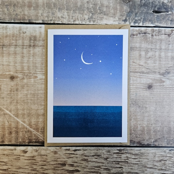 Still Horizon - Single greetings card inspired by those dusky summer evenings feat a Crescent moon,  recycled brown envelope (blank inside)