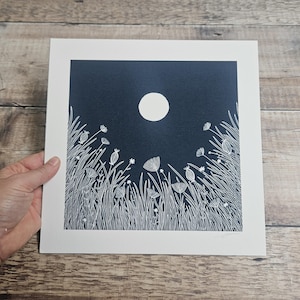 Vollmond Wildblumen Linoldruck: Quiet Night Giclée Kunst