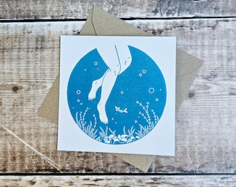 Swimming Greetings Card: Linocut Sea Art, Blank Inside