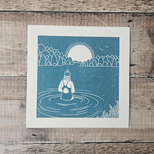 Sunrise Swimmer - Archival quality Giclée print recreated from my original linocut featuring a woman swimming at sunrise