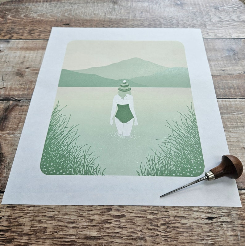 Still Water Original reduction linocut print of a wild swimmer Limited edition of 22 image 7