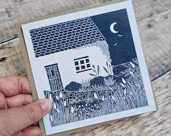 Coastal Cottage Greetings Card: Quaint Abode Next to the Sea, Garden, Night Sky, Linocut Artwork, Recycled Card