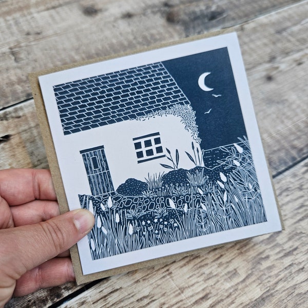 Coastal Cottage - Single Square Greetings Card with recycled brown envelope (blank inside)