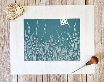 Oh! Hello -  Original linocut print inspired by wild swimming adventures and those unexpected encounters with seals