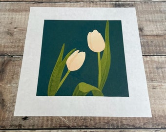 Original limited edition (23) reduction linocut print of two peach tulips in bloom with a blue/green background