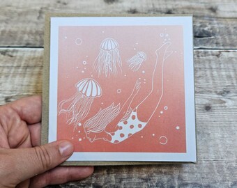 Jellyfish Swimming Greetings Card: Linocut Art, Recycled Kraft Envelope