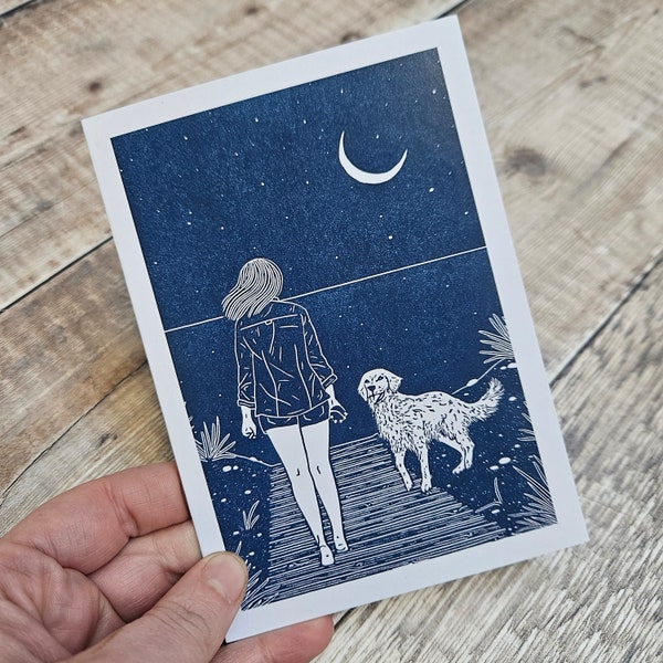 Boardwalk at Dusk - Single greetings card inspired by a summer evening dog walk doen to the beach with brown envelope (blank inside)