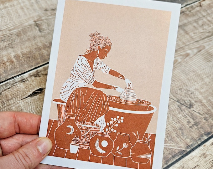 Potter Linocut Greetings Card: Potters Wheel, Ceramicist