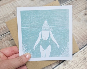 Braced Greetings Card: Cold Water Swimmer, Winter Woman, Linocut Art, Recycled Card