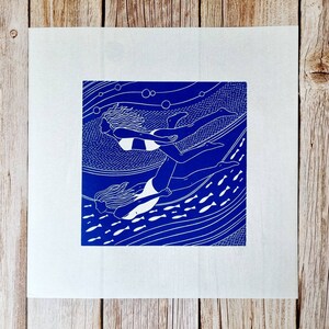 Flowing friends Original linocut print of two women swimming underwater image 6