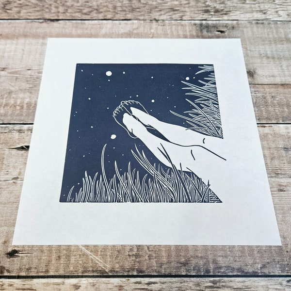 Both feet in-  Original third limited edition linocut print inspired by wild swimming adventures