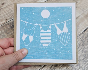 Winter Washing Line- Single square greetings card inspired by wild swimming with a brown envelope (blank inside)