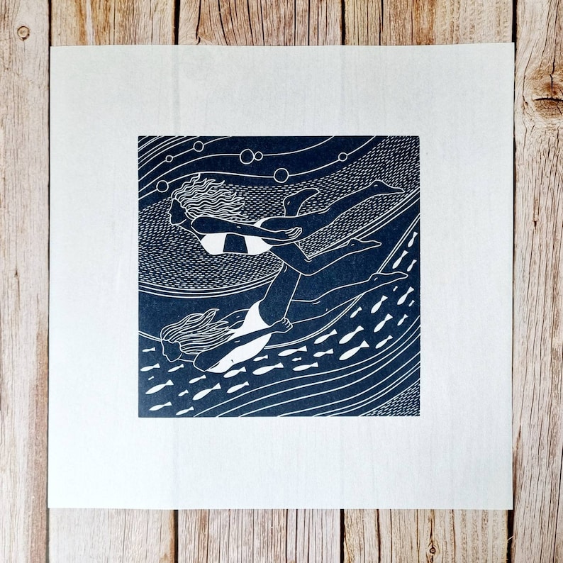 Flowing friends Original linocut print of two women swimming underwater image 4