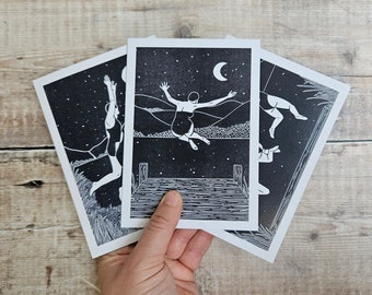 Wild Swimming Linocut Greeting Cards: Set Of 3 Made From Recycled Card