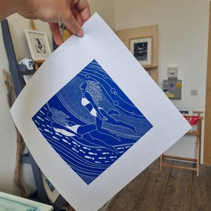 Flowing friends Original linocut print of two women swimming underwater image 10