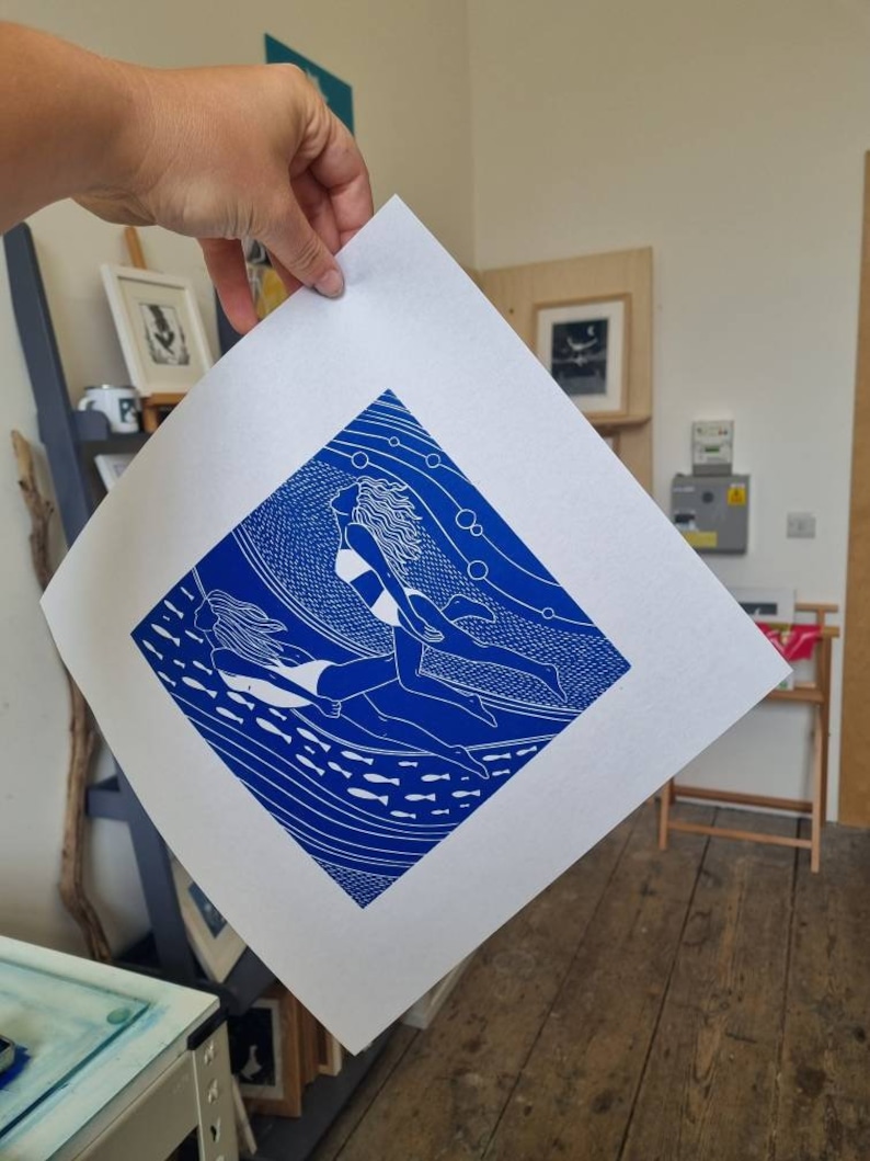 Flowing friends Original linocut print of two women swimming underwater image 10