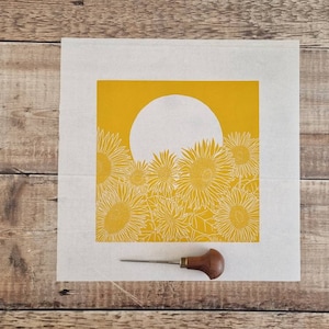 Sunflower Field- Original linocut print of a field of sunflowers beneath a rising sun (Rich Golden Yellow)