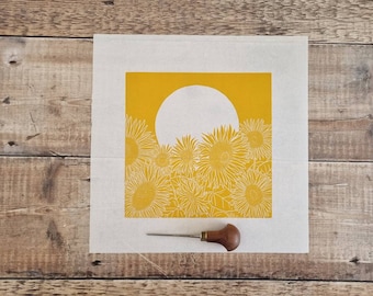 Sunflower Field- Original linocut print of a field of sunflowers beneath a rising sun (Rich Golden Yellow)