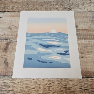 Lifted by Waves- Original limited edition linocut print of the sea and sky from the perspective of being in the water