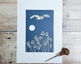 Owl and Teasels - Original linocut print inspired by an owl who fly by on one of my swims