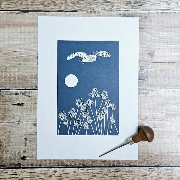 Owl and Teasels - Original linocut print inspired by an owl who fly by on one of my swims