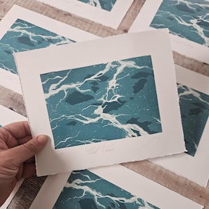 Original limited edition reduction linocut print of the surface of the sea (11)