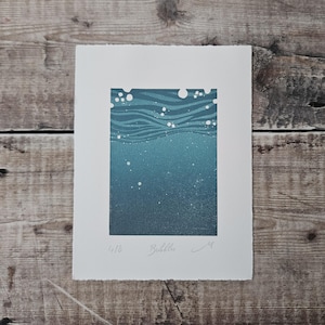 Original limited edition reduction linocut print of an underwater scene with bubbles (8)