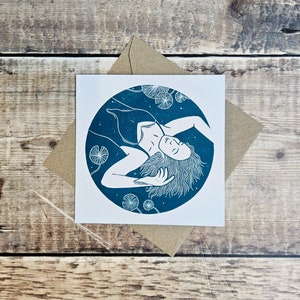 Bliss- Single square greetings card inspired by wild swimming in a pond with brown envelope (blank inside)