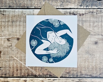 Bliss Greetings Card: Linocut Art, Recycled Card