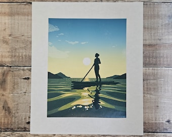 The Paddleboarder: stampa originale su linoleum in edizione limitata di una donna che fa paddleboarding