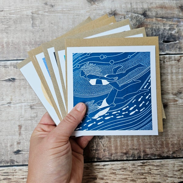 Piscine en plein air - lot de 6 cartes de voeux recyclées avec enveloppes kraft brunes