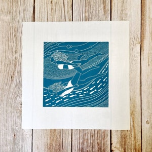 Flowing friends Original linocut print of two women swimming underwater image 5