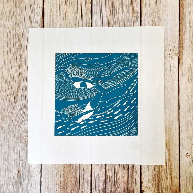 Flowing friends Original linocut print of two women swimming underwater image 5