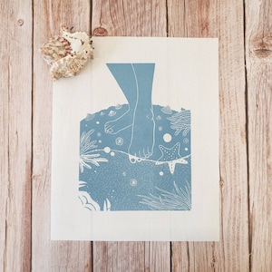 Dipping a toe - Original linocut print inspired by wild swimming adventures, beach days and rockpooling