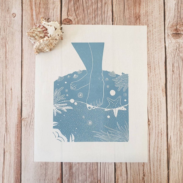Dipping a toe - Original linocut print inspired by wild swimming adventures, beach days and rockpooling